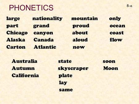 PHONETICS large nationality mountain only part grand proud ocean Chicago canyon about coast Alaska Canada aloud flow Carton Atlantic now Australia state.