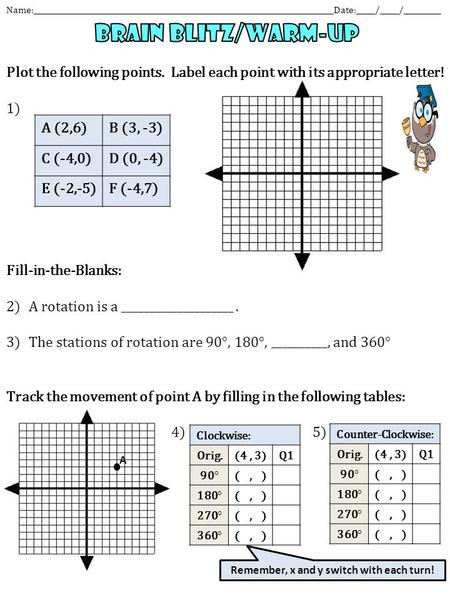 Plot the following points. Label each point with its appropriate letter! 1) Fill-in-the-Blanks: 2)A rotation is a ____________________. 3)The stations.