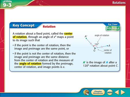 Concept. Example 1 Draw a Rotation Use a protractor to measure a 45° angle counterclockwise with as one side. Extend the other side to be longer than.