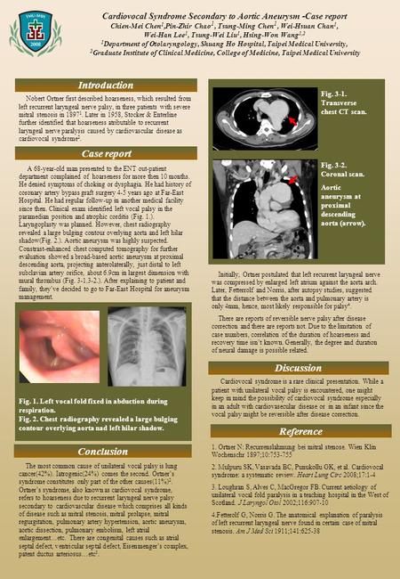 Cardiovocal Syndrome Secondary to Aortic Aneurysm -Case report Chien-Mei Chen 1,Pin-Zhir Chao 1, Tsung-Ming Chen 1, Wei-Hsuan Chan 1, Wei-Han Lee 1, Tsung-Wei.