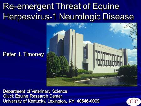 Re-emergent Threat of Equine Herpesvirus-1 Neurologic Disease Peter J. Timoney Department of Veterinary Science Gluck Equine Research Center University.