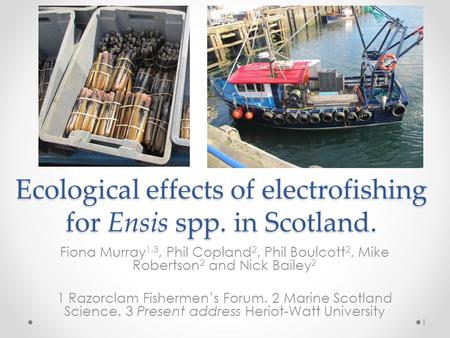 Ecological effects of electrofishing for Ensis spp. in Scotland. Fiona Murray 1,3, Phil Copland 2, Phil Boulcott 2, Mike Robertson 2 and Nick Bailey 2.