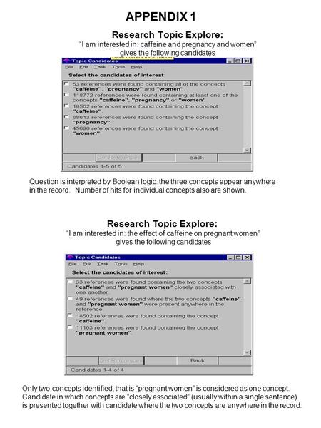 Research Topic Explore: “I am interested in: caffeine and pregnancy and women” gives the following candidates Question is interpreted by Boolean logic: