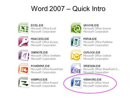 Word 2007 – Quick Intro. The user interface has been redesigned in the Office 2007 programs: Word, Excel, PowerPoint, Access, and Outlook (in the composing.