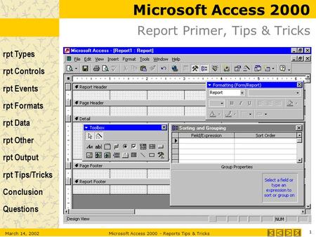 Rpt Types rpt Controls rpt Events rpt Formats rpt Data rpt Other rpt Output rpt Tips/Tricks Conclusion Questions March 14, 2002Microsoft Access 2000 -