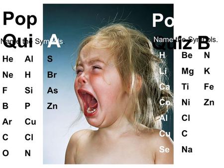 Pop Quiz A HeAlS NeHBr FSiAs BPZn ArCu CCl ON Name the Symbols. Pop Quiz B Name the Symbols. HBeN LiMgK CaTiFe CoNiZn AlCl CuC SeNa.