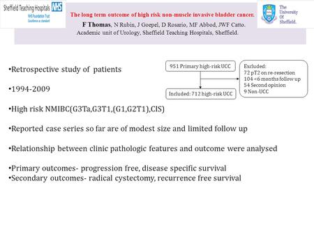 The long term outcome of high risk non-muscle invasive bladder cancer. F Thomas, N Rubin, J Goepel, D Rosario, MF Abbod, JWF Catto. Academic unit of Urology,