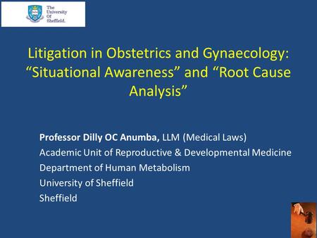 Litigation in Obstetrics and Gynaecology: “Situational Awareness” and “Root Cause Analysis” Professor Dilly OC Anumba, LLM (Medical Laws) Academic Unit.