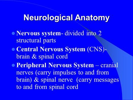 Neurological Anatomy Nervous system- divided into 2 structural parts Central Nervous System (CNS)- brain & spinal cord Peripheral Nervous System – cranial.