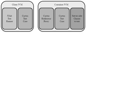 Container JVMClient JVM Server side Classes to test JUnit Test Runner Cactus Test Case Cactus Redirector Proxy Cactus Test Case.