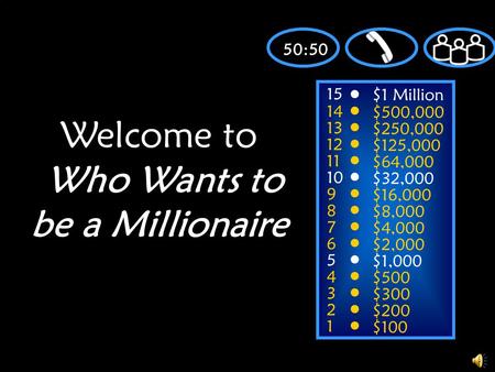 15 14 13 12 11 10 9 8 7 6 5 4 3 2 1 $1 Million $500,000 $250,000 $125,000 $64,000 $32,000 $16,000 $8,000 $4,000 $2,000 $1,000 $500 $300 $200 $100 Welcome.