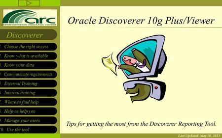 2. Know what is available 3. Know your data 4. Communicate requirements 5. External Training 1. Choose the right access Discoverer 6. Internal training.