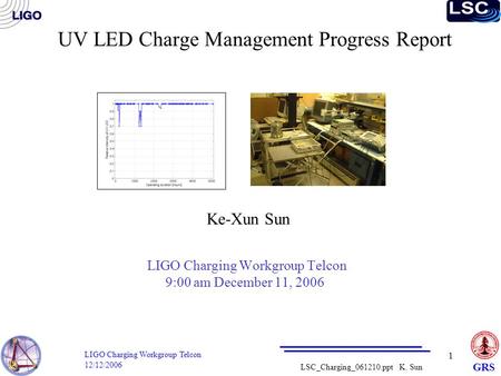 LIGO Charging Workgroup Telcon 12/12/2006 1 GRS LSC_Charging_061210.ppt K. Sun UV LED Charge Management Progress Report LIGO Charging Workgroup Telcon.