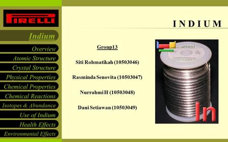 Presented by Group 13 Atomic Structure Crystal Structure Physical Properties Chemical Properties Overview Indium Isotopes & Abundance Use of Indium Health.