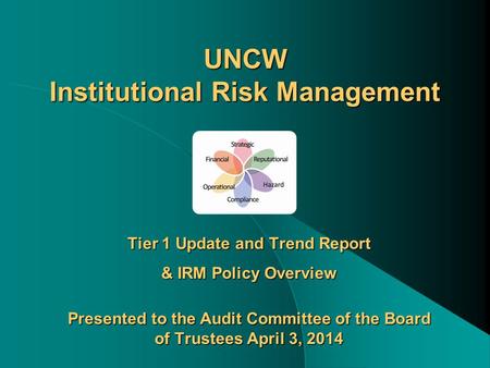 UNCW Institutional Risk Management Tier 1 Update and Trend Report & IRM Policy Overview Presented to the Audit Committee of the Board of Trustees April.