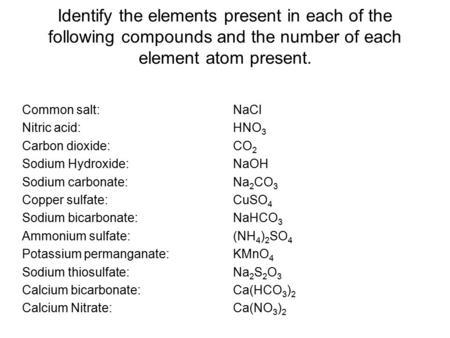 Identify the elements present in each of the following compounds and the number of each element atom present. Common salt:			 NaCl Nitric acid: