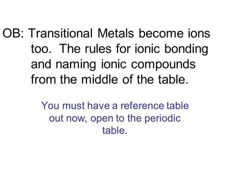 OB: Transitional Metals become ions too. The rules for ionic bonding and naming ionic compounds from the middle of the table. You must have a reference.