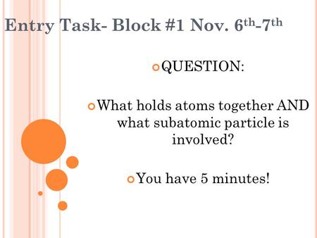 Entry Task- Block #1 Nov. 6 th -7 th QUESTION: What holds atoms together AND what subatomic particle is involved? You have 5 minutes!