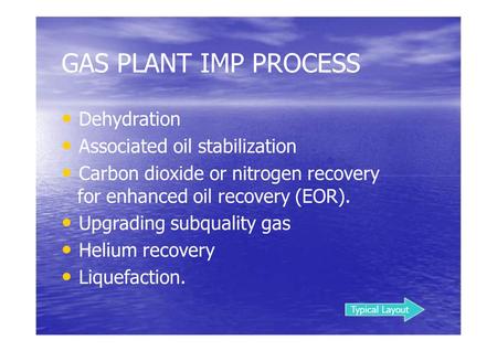 GAS PLANT IMP PROCESS • Dehydration • Associated oil stabilization