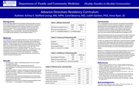 Advance Directives Residency Curriculum Authors: Ashley E. Wofford Leong, MD, MPH, Carol Becerra, MD, Judith Gordon, PhD, Anne Ryan, JD Department of Family.