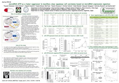 MicroRNA-874 as a tumor suppressor in maxillary sinus squamous cell carcinoma based on microRNA expression signature Abstract #4143 Toyoyuki Hanazawa 1,