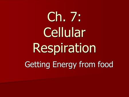 Ch. 7: Cellular Respiration