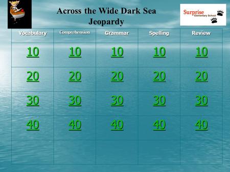 Across the Wide Dark Sea Jeopardy VocabularyComprehensionGrammarSpellingReview 10 20 30 40.