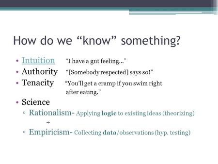 How do we “know” something? Intuition “I have a gut feeling...”Intuition Authority “[Somebody respected] says so!” Tenacity “You’ll get a cramp if you.