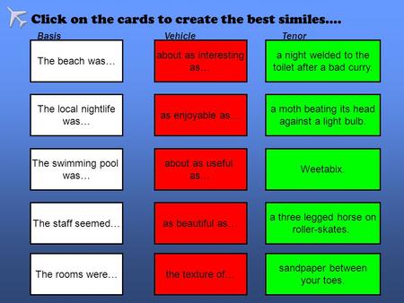 The local nightlife was… The swimming pool was… The staff seemed… The beach was… The rooms were… about as interesting as… as enjoyable as… about as useful.