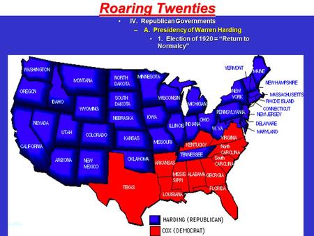 Roaring Twenties IV. Republican GovernmentsIV. Republican Governments –A. Presidency of Warren Harding 1. Election of 1920 = “Return to Normalcy”1. Election.