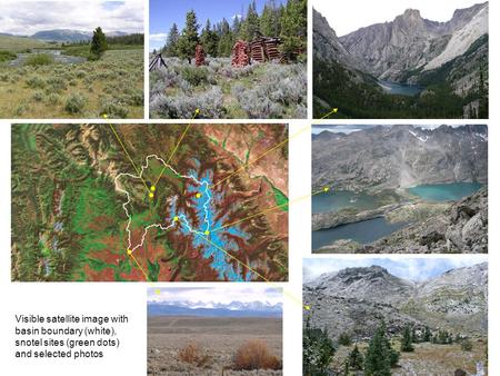 Visible satellite image with basin boundary (white), snotel sites (green dots) and selected photos.