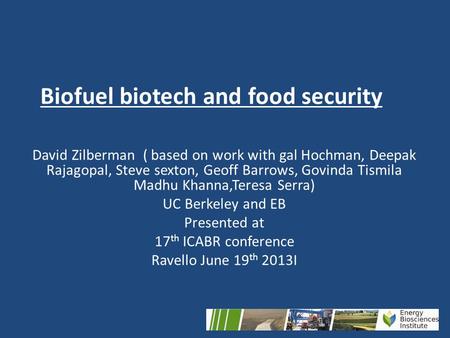 Biofuel biotech and food security David Zilberman ( based on work with gal Hochman, Deepak Rajagopal, Steve sexton, Geoff Barrows, Govinda Tismila Madhu.