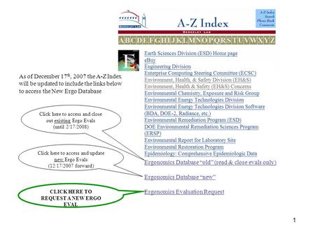 1 Ergonomics Database “old” (read & close evals only) Ergonomics Database “new” Ergonomics Evaluation Request Click here to access and close out existing.