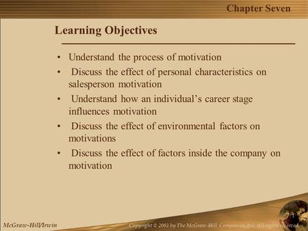 Chapter Seven McGraw-Hill/Irwin Copyright © 2003 by The McGraw-Hill Companies, Inc. All rights reserved. 7.1 Learning Objectives Understand the process.