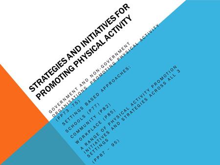 STRATEGIES AND INITIATIVES FOR PROMOTING PHYSICAL ACTIVITY GOVERNMENT AND NON-GOVERNMENT ORGANISATIONS PROMOTING PHYSICAL ACTIVITY (PP73 -75) SETTINGS.