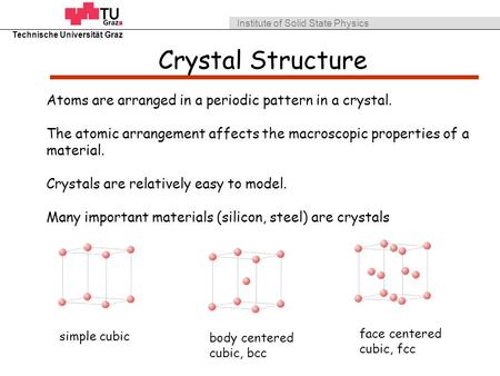 Face centered cubic, fcc Atoms are arranged in a periodic pattern in a crystal. The atomic arrangement affects the macroscopic properties of a material.