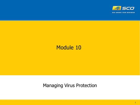 1 Module 10 Managing Virus Protection. 2 ClamAV SCO OpenServer Postfix Apache ProFTP OpenLDAP Cyrus IMAP AMaViS Spam Assassin ClamAV.