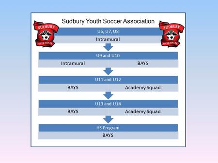 HS Program BAYS U13 and U14 BAYSAcademy Squad U11 and U12 BAYSAcademy Squad U9 and U10 IntramuralBAYS U6, U7, U8 Intramural Sudbury Youth Soccer Association.