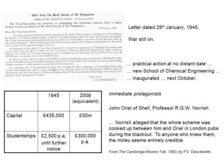 Letter dated 29 th January, 1945. War still on. … practical action at no distant date … … new School of Chemical Engineering … … inaugurated … next October.