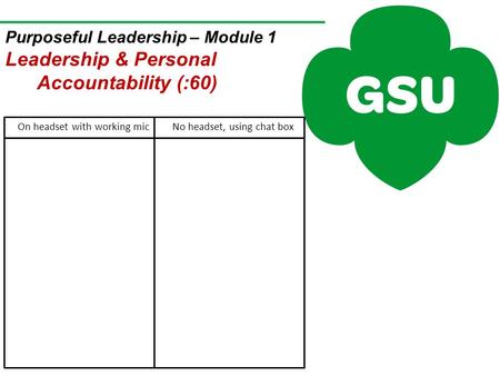 Purposeful Leadership – Module 1 Leadership & Personal Accountability (:60) On headset with working micNo headset, using chat box.