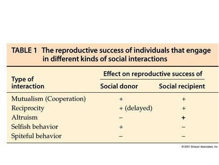 +. Reciprocal altruism: One organism provides a benefit to another in the expectation of future reciprocation Assumes that cheaters can be identified/punished.