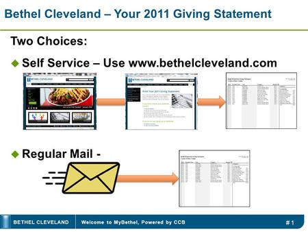 Welcome to MyBethel, Powered by CCBBETHEL CLEVELAND Bethel Cleveland – Your 2011 Giving Statement Two Choices:  Self Service – Use www.bethelcleveland.com.