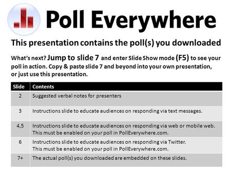 This presentation contains the poll(s) you downloaded SlideContents 2Suggested verbal notes for presenters 3Instructions slide to educate audiences on.