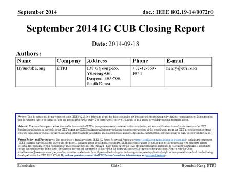 Doc.: IEEE 802.19-14/0072r0 Submission September 2014 Hyunduk Kang, ETRISlide 1 September 2014 IG CUB Closing Report Notice: This document has been prepared.