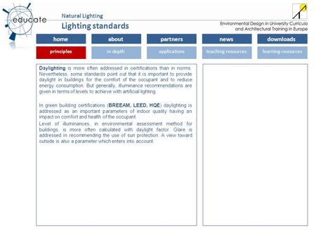 Homeaboutpartnersnewsdownloads principlesin depthapplicationsteaching resourceslearning resourcesprinciples Natural Lighting Lighting standards Daylighting.