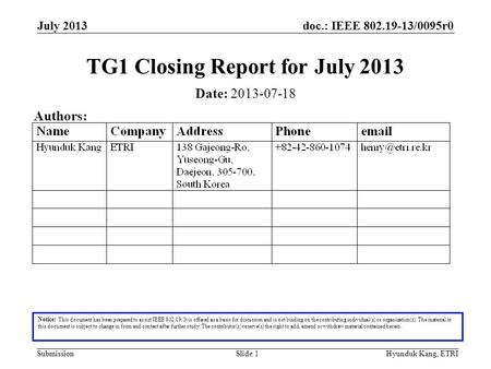 Doc.: IEEE 802.19-13/0095r0 Submission July 2013 Hyunduk Kang, ETRISlide 1 TG1 Closing Report for July 2013 Notice: This document has been prepared to.