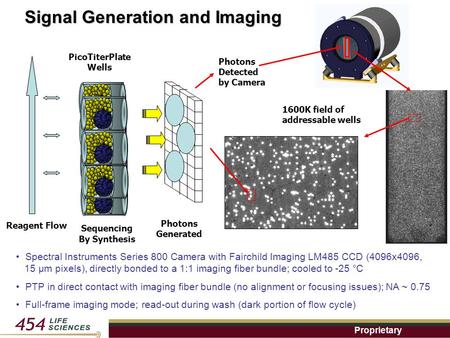 Proprietary Signal Generation and Imaging Photons Generated Reagent Flow PicoTiterPlate Wells Sequencing By Synthesis 1600K field of addressable wells.