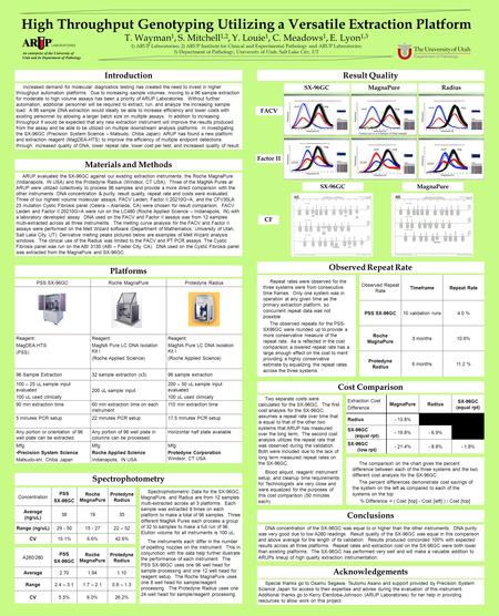 High Throughput Genotyping Utilizing a Versatile Extraction Platform T. Wayman 1, S. Mitchell 1,2, Y. Louie 1, C. Meadows 1, E. Lyon 1,3 1) ARUP Laboratories;