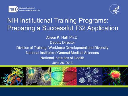 NIH Institutional Training Programs: Preparing a Successful T32 Application Alison K. Hall, Ph.D. Deputy Director Division of Training, Workforce Development.