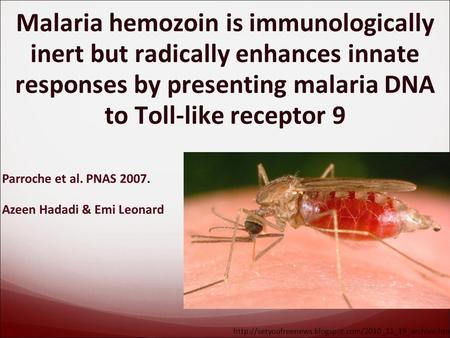 Malaria hemozoin is immunologically inert but radically enhances innate responses by presenting malaria DNA to Toll-like receptor 9 Parroche et al. PNAS.